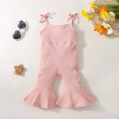 Summer Girls' Sunken Stripe Cotton Solid Color Sling One-piece Bell-bottom Pants