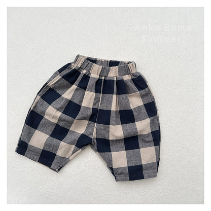 Retro Blue Plaid Casual Capri Pants Children's Middle Pants