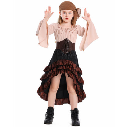Halloween Retro Front Short Back Long Irregular Ruffled High Waist Dress Up