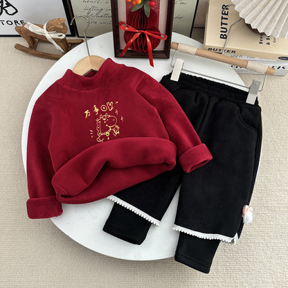 Ensemble de survêtement bébé en polaire d'hiver, doublure molletonnée, épaissie, style coréen, ensemble pantalon une pièce effet deux pièces