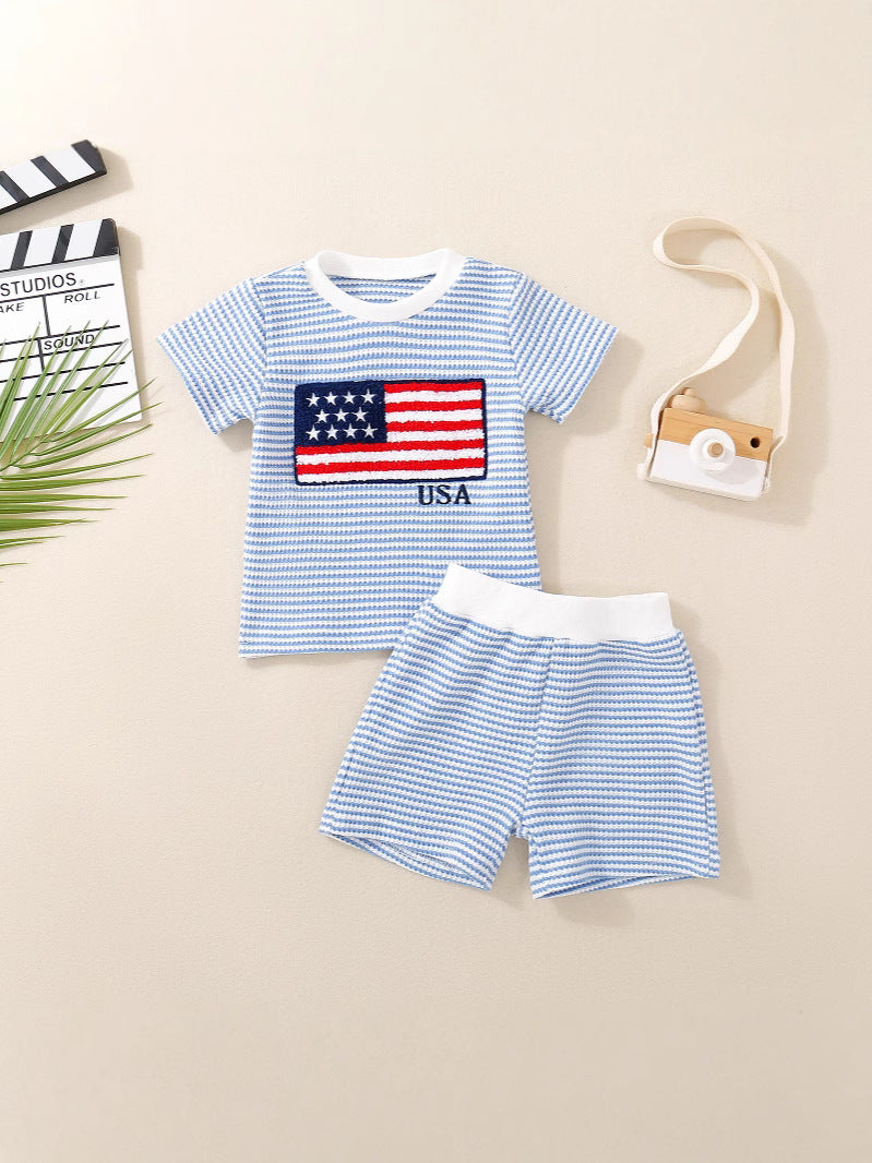 Embroidered Waffle Short Sleeve Top Waffle Shorts