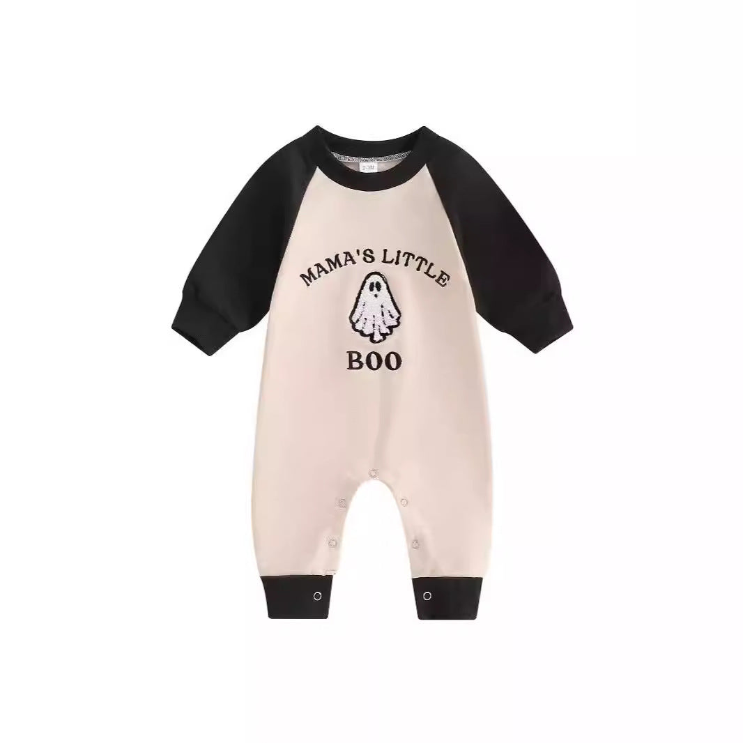 Letter Ghost Embroidery Color blocked Long sleeved Cartoon Cute jumpsuit Crawler