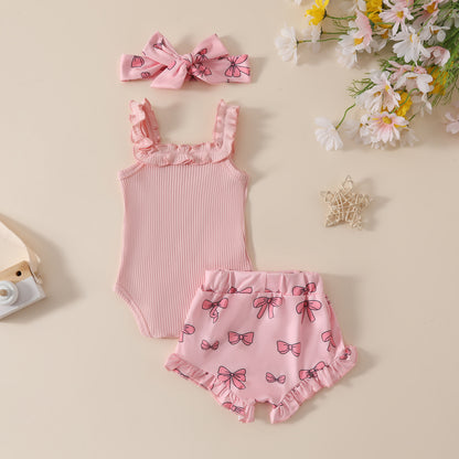 Girls' Solid Color Romper Bow Shorts Two-piece Set