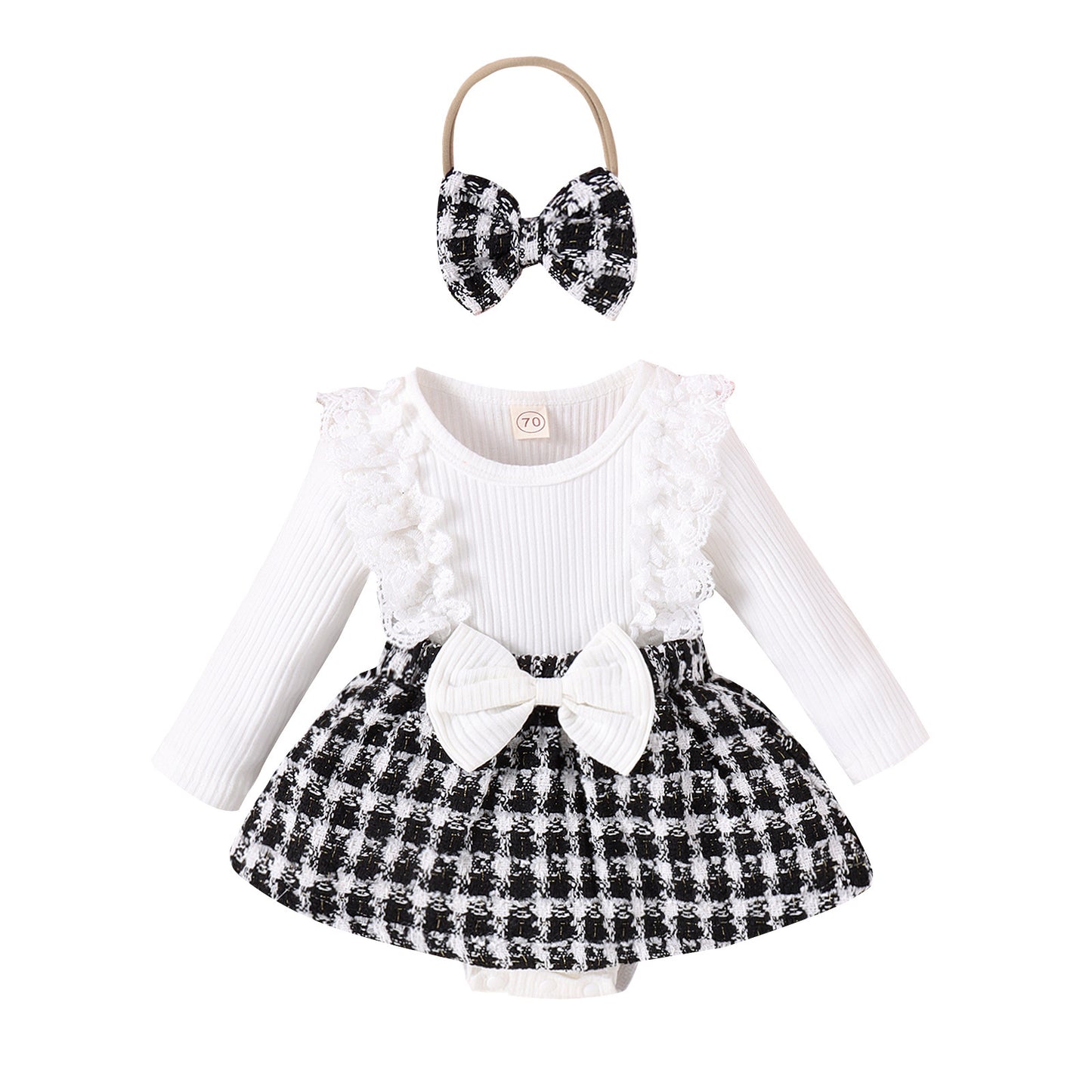 Long Sleeve Stitching Woven Style Plaid Skirt Bow Romper