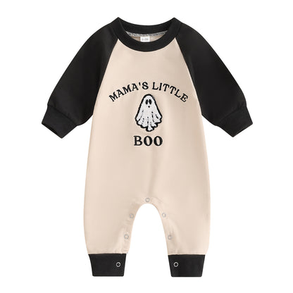 Letter Ghost Embroidery Color blocked Long sleeved Cartoon Cute jumpsuit Crawler