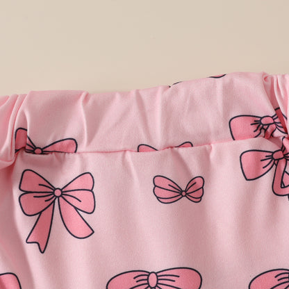 Girls' Solid Color Romper Bow Shorts Two-piece Set