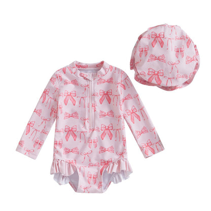 Girls' Fashion Bowknot Pattern One-piece With Hat
