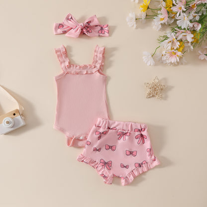 Girls' Solid Color Romper Bow Shorts Two-piece Set