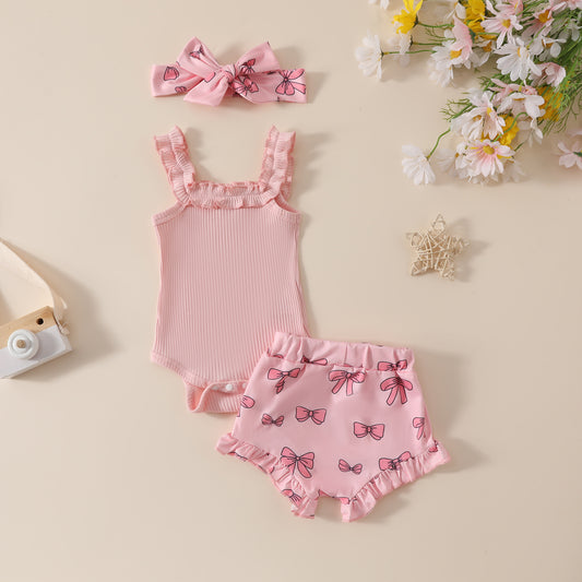 Girls' Solid Color Romper Bow Shorts Two-piece Set