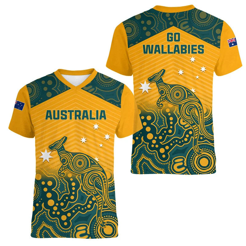 Australian Kangaroo Pattern Children's T-shirt Printed Animal Pattern Sports V-neck Short-sleeved Football Shirt Summer