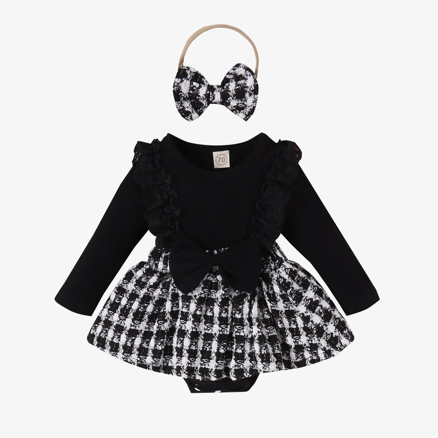 Long Sleeve Stitching Woven Style Plaid Skirt Bow Romper