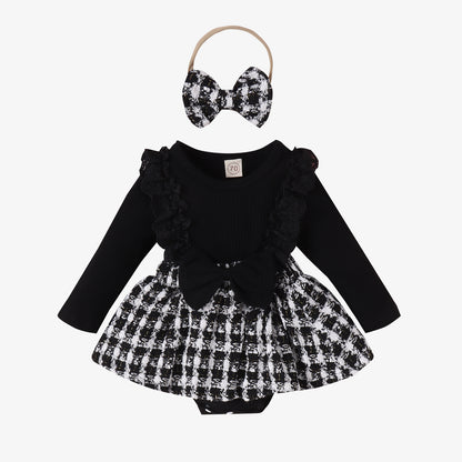 Long Sleeve Stitching Woven Style Plaid Skirt Bow Romper