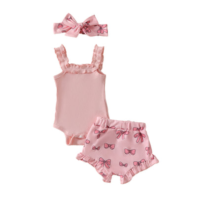 Girls' Solid Color Romper Bow Shorts Two-piece Set