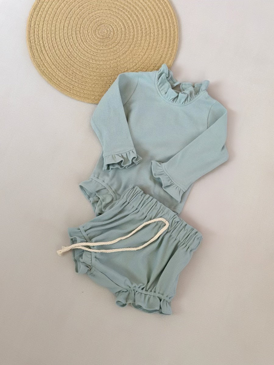 Rib Cotton Short Sleeve Wooden Ear Rompers Jumpsuit