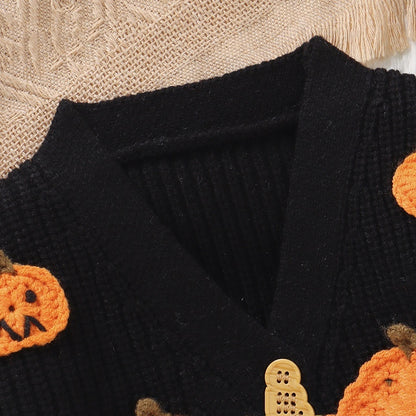 Baby Halloween Three-dimensional Pumpkin Pattern Knitted Long-sleeved V-neck Cardigan