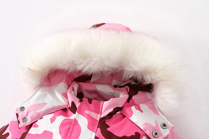 Waterproof Winter Ski Jumpsuit With A Fur-lined Collar For Kids