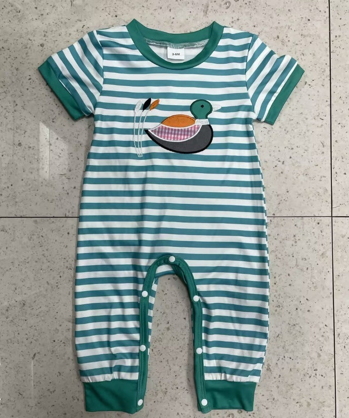 Short Sleeve Striped Embroidery Pattern One-piece