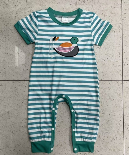 Short Sleeve Striped Embroidery Pattern One-piece