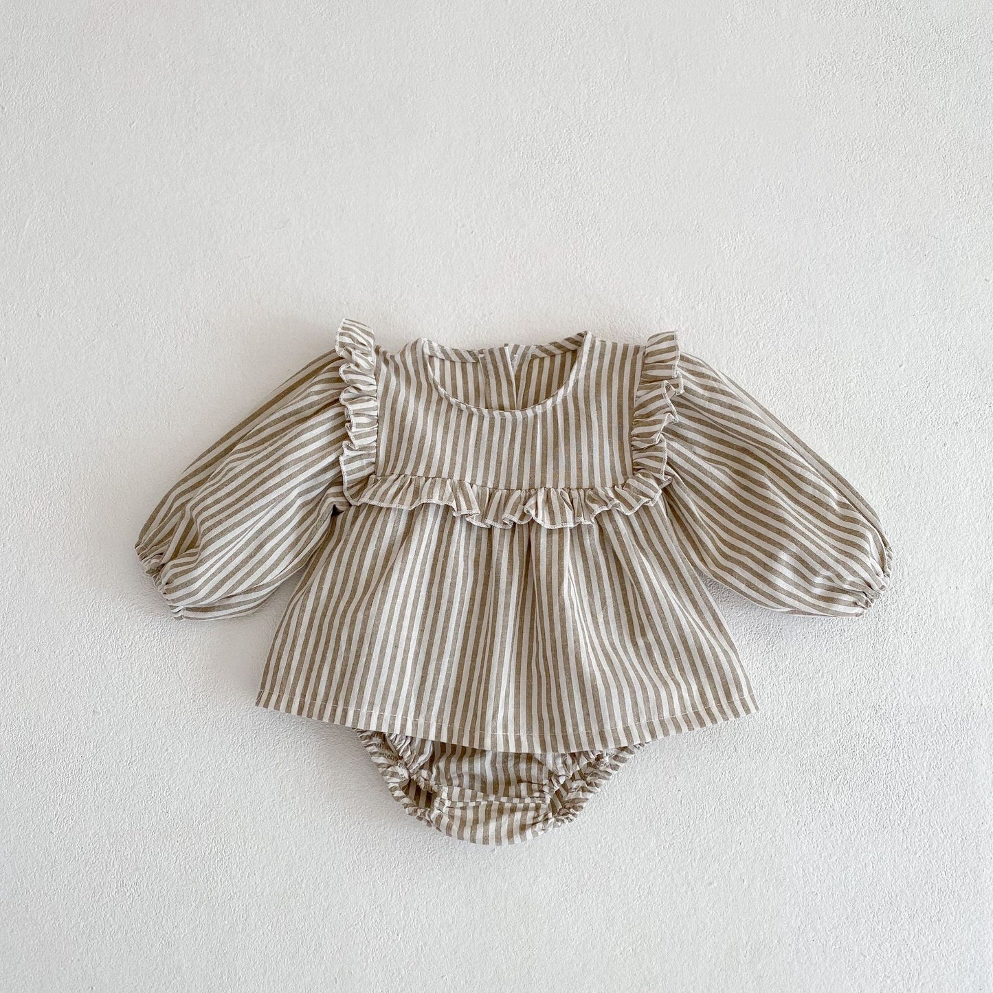 Cotton Baby Ruffle Collar Striped Long Sleeved Skirt Bread Pants Set