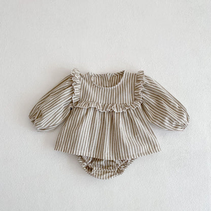 Cotton Baby Ruffle Collar Striped Long Sleeved Skirt Bread Pants Set