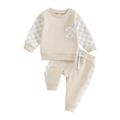 Boys' Chessboard Plaid Patchwork Sweater Sweatpants 2-piece Set