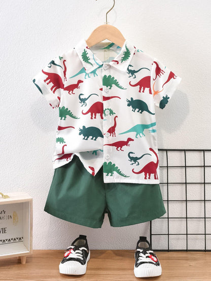 Baby Short Sleeve Shorts Cardigan Two-piece Set Animal Dinosaur Print