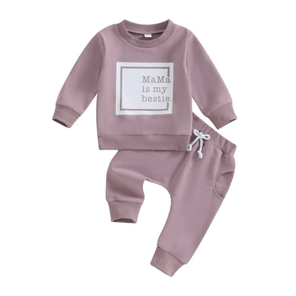 Ensemble deux pièces haut à manches longues imprimé lettre et pantalon de couleur unie