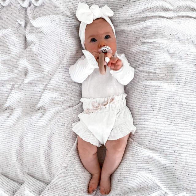 Rib Cotton Short Sleeve Wooden Ear Rompers Jumpsuit