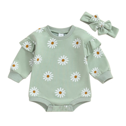 Printed Flounced Sleeve Romper Headscarf
