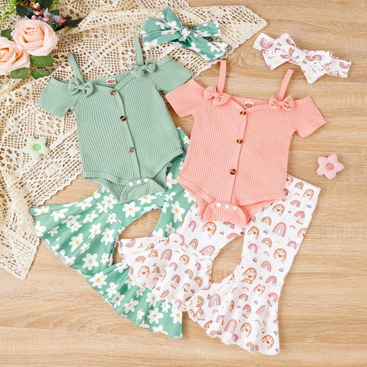 Girls' Short-sleeved Shirt Bell-bottom Pants Three-piece Set