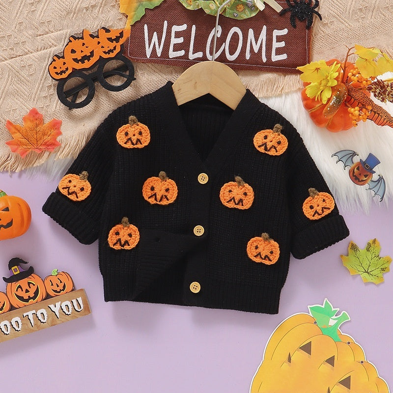 Baby Halloween Three-dimensional Pumpkin Pattern Knitted Long-sleeved V-neck Cardigan