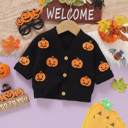 Baby Halloween Three-dimensional Pumpkin Pattern Knitted Long-sleeved V-neck Cardigan