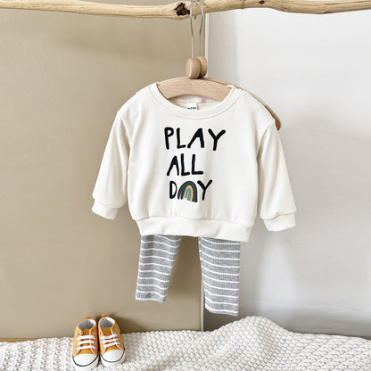 Loose Children's Clothing Letter Print Round Neck Long Sleeve Striped Trousers Suit