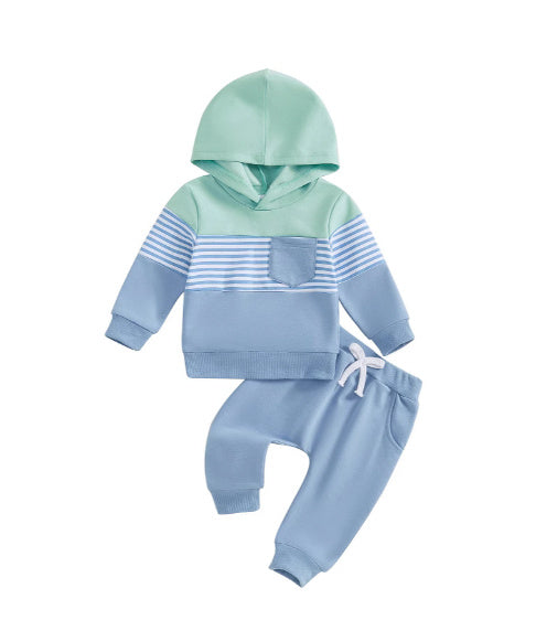 Casual Color Matching Hooded Long Sleeve Sweater Trousers Suit