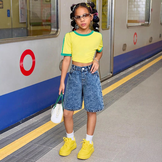 Short en jean mi-long en denim délavé pour filles