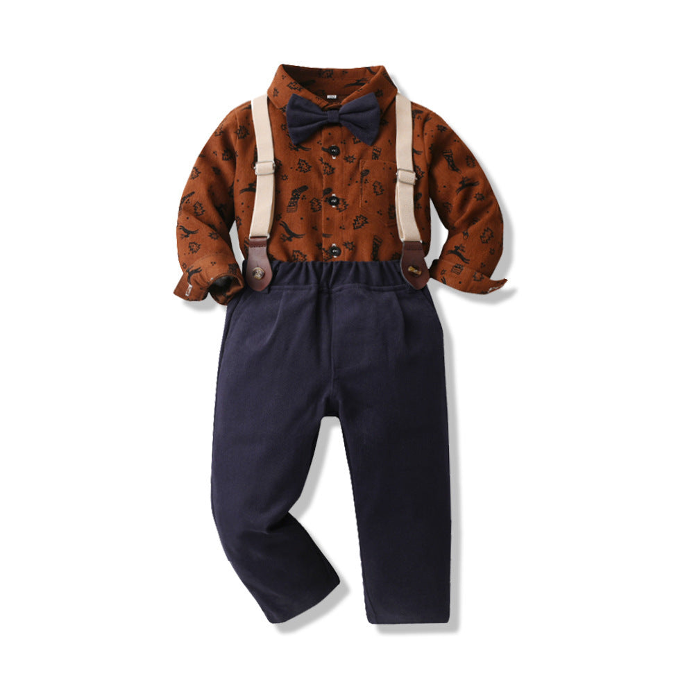 Boys' Cotton Long Sleeved Shirt And Overalls Set