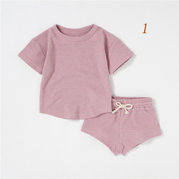 Children's Short-sleeved Suit Solid Color Baby Short Sleeve Two-piece Suit