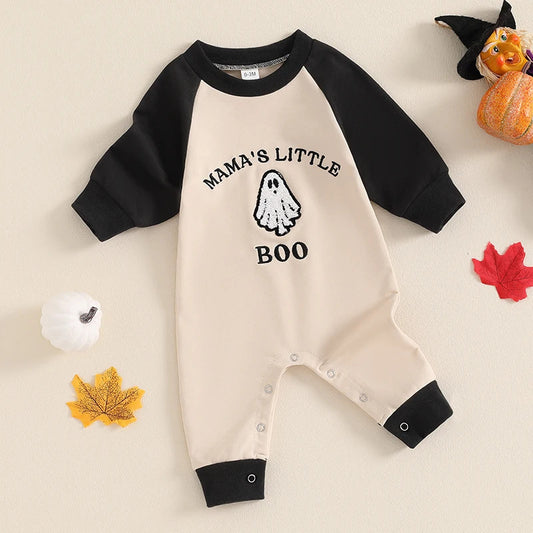 Letter Ghost Embroidery Color blocked Long sleeved Cartoon Cute jumpsuit Crawler