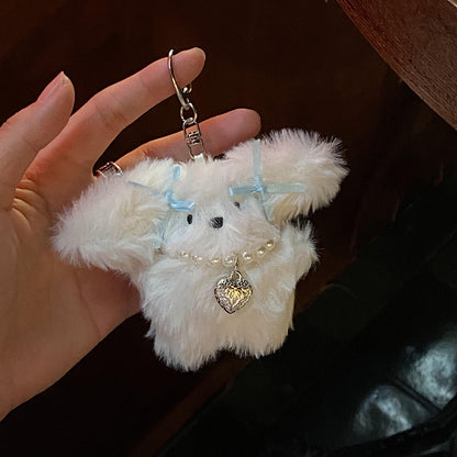 Niche Girl Heart Ribbon Pearl Bow Bunny Keychain Plush Pendant