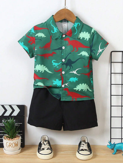 Baby Short Sleeve Shorts Cardigan Two-piece Set Animal Dinosaur Print