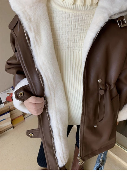 Girls' Winter Fleece-lined Medium Leather Coat