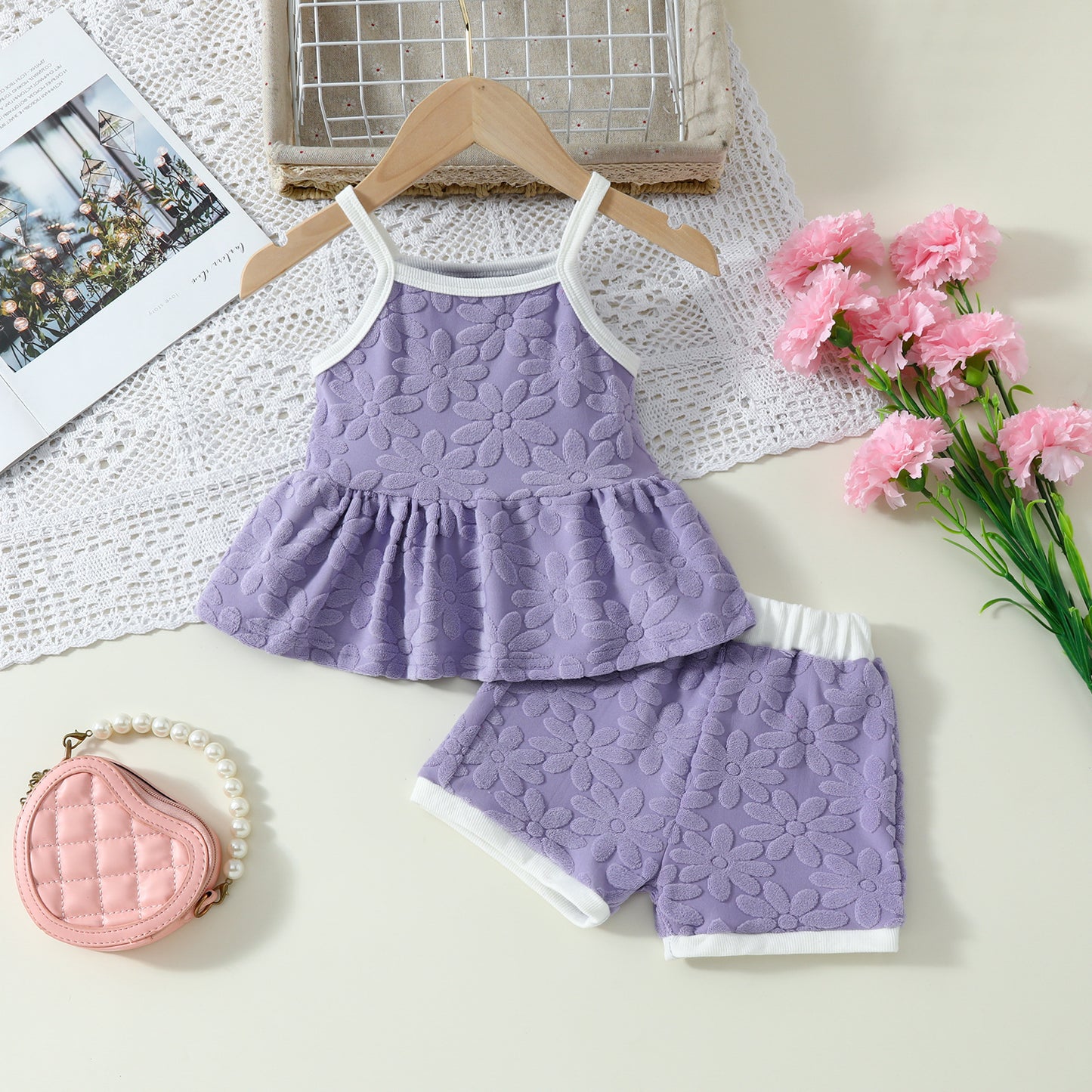 Printed Suspender Top Solid Color Shorts Suit
