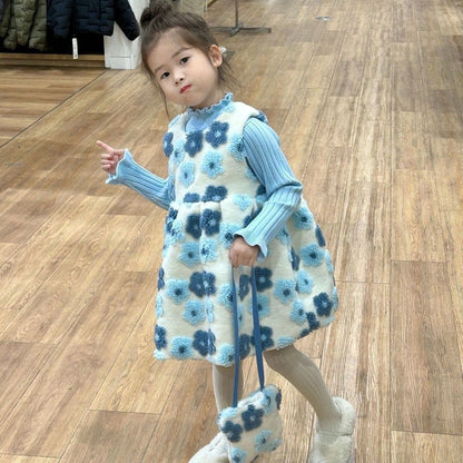 Winter New Girls' Sweater With Stringy Selvedge Flower Fleece-lined Vest Dress