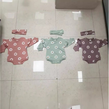 Printed Flounced Sleeve Romper Headscarf