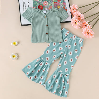 Girls' Sling Shirt Wide Leg Pants Suit