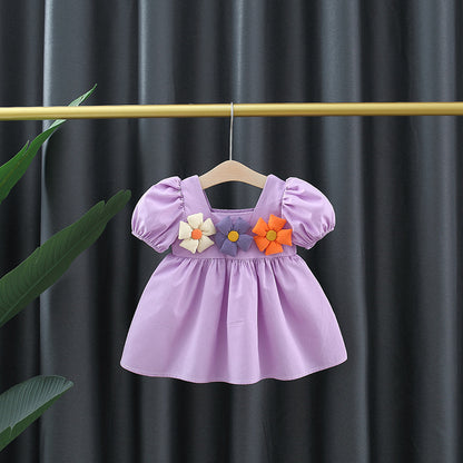 Girl's Square Collar Puff Sleeve Princess Dress