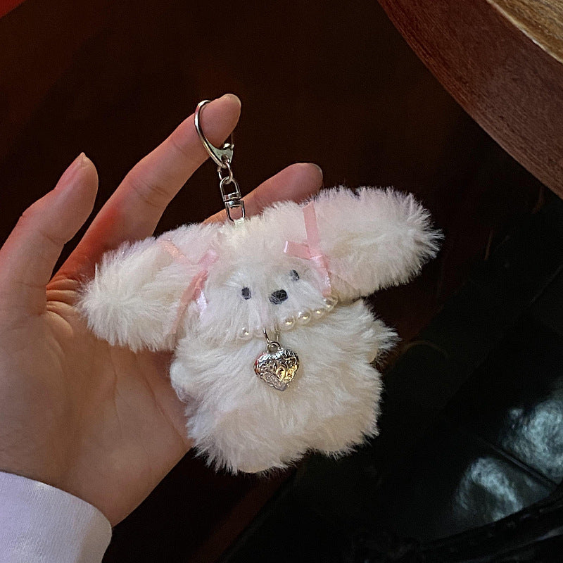 Niche Girl Heart Ribbon Pearl Bow Bunny Keychain Plush Pendant