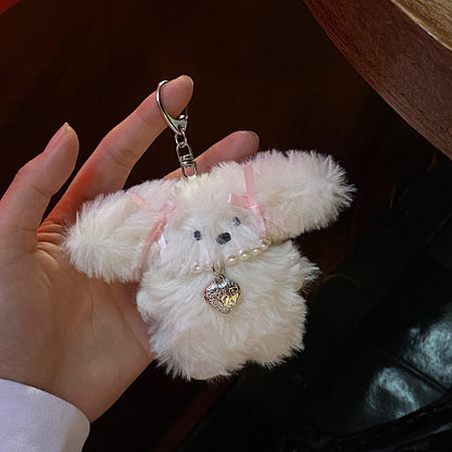 Niche Girl Heart Ribbon Pearl Bow Bunny Keychain Plush Pendant