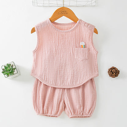 Summer Pure Cotton Yarn T-Shirt And Thin Childrens Shorts Two-Piece Set