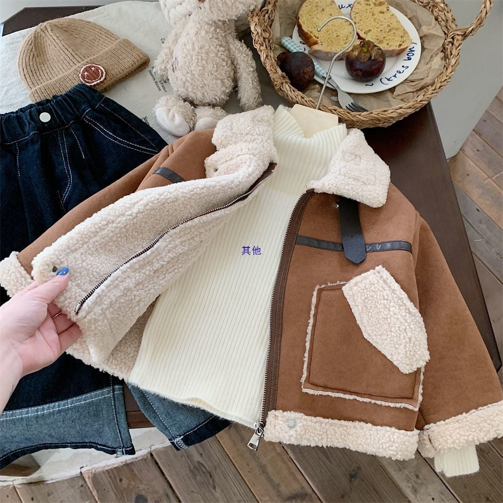 Girls Fleece-Lined Coat Winter Kids Lambswool Top